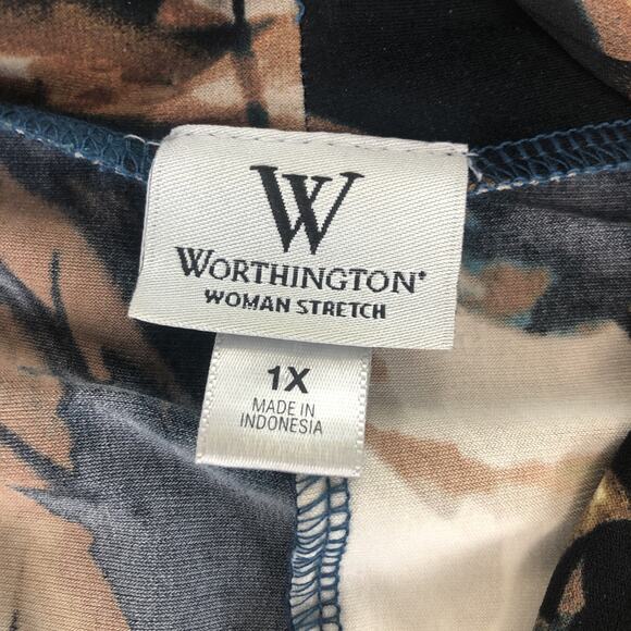 Worthington Women’s Sleeveless Crossover Blouse 1X Stretch Brown Blue Floral Top - Picture 5 of 16